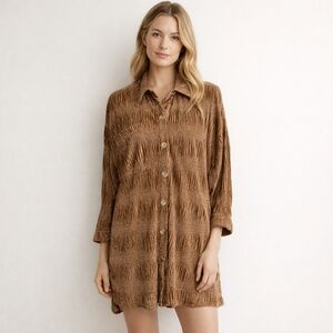 J. NNA Size Medium Boxy Button Front Brown Velvet Lagenlook High-Low Shirt Dress